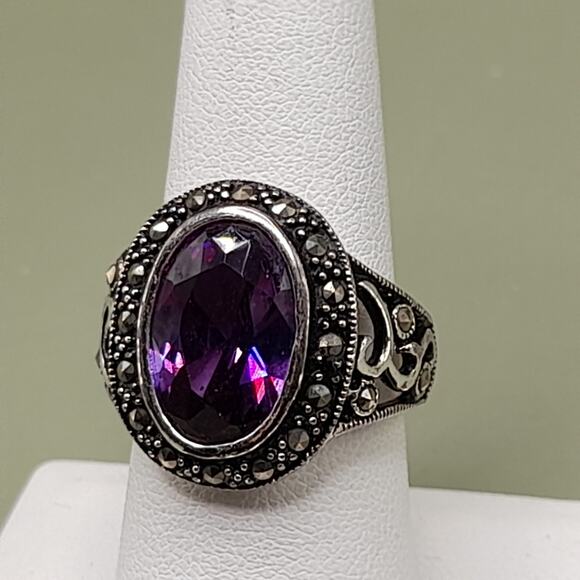 Vintage Purple Crystal Ring Marcasite 925 Sterling Size 8.25